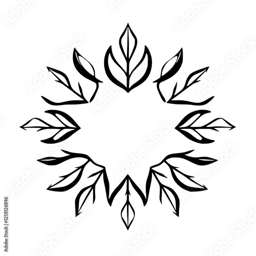 Leafy circular drawing. Black and white with the appearance of a stylized sun.