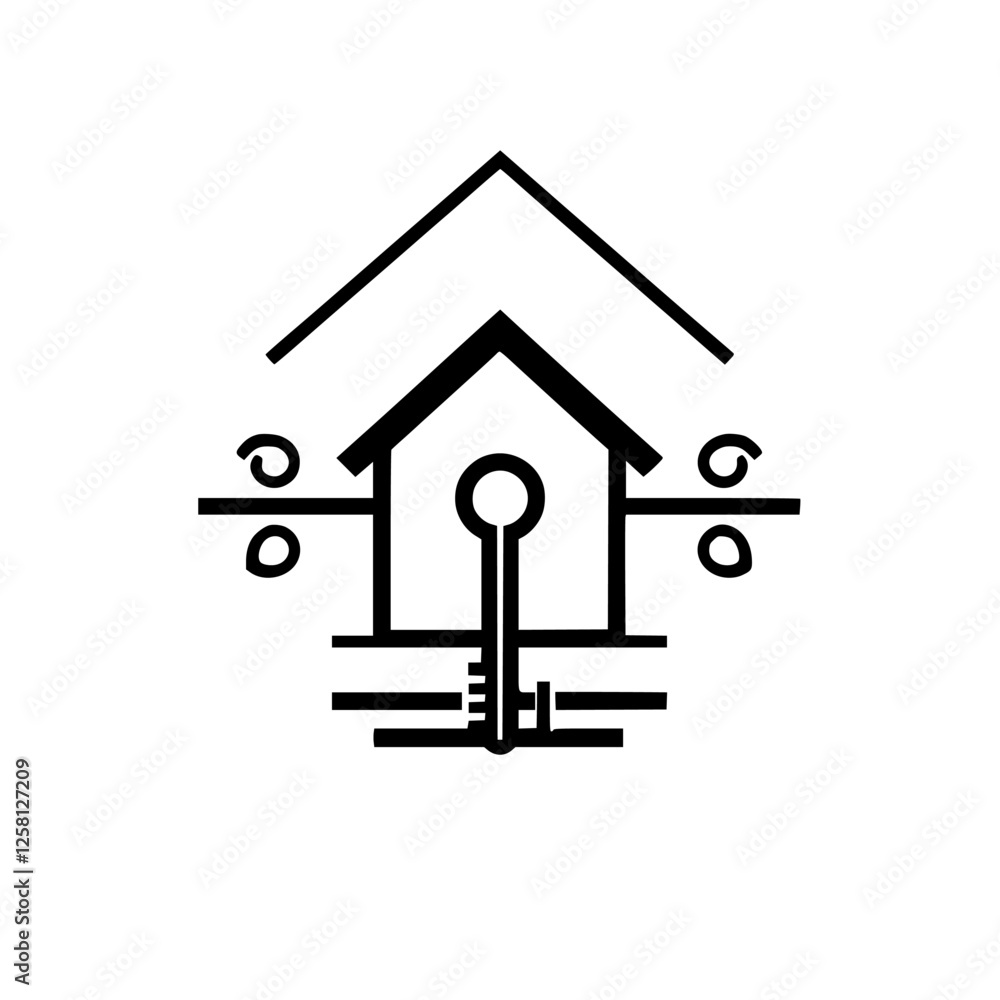 Simple, elegant black and white house silhouette with a key. Simple, elegant black and white house silhouette with a key.