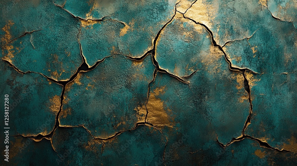 Cracked teal and gold textured surface with visible fractures. The cracks and colors provide a rich, complex visual effect that evokes a sense of decay and beauty. Cracked teal and gold textured surface with visible fractures. The cracks and colors provide a rich, complex visual effect that evokes a sense of decay and beauty.
