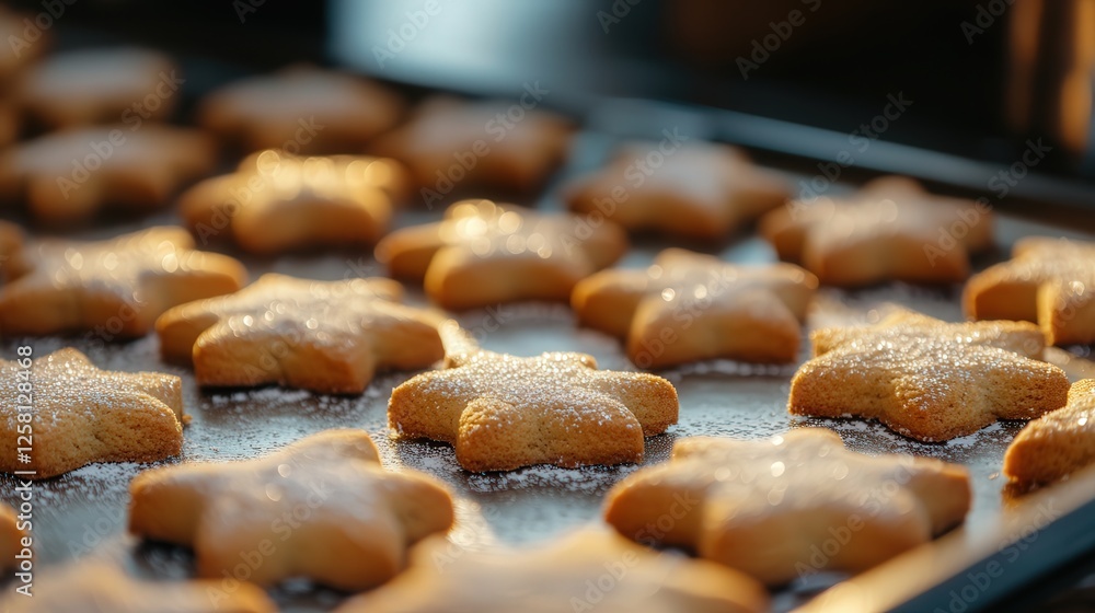 A batch of cookies arranged on a baking sheet, their fresh-from-the-oven texture enhanced by a light dusting of icing sugar in sharp 4K clarity A batch of cookies arranged on a baking sheet, their fresh-from-the-oven texture enhanced by a light dusting of icing sugar in sharp 4K clarity