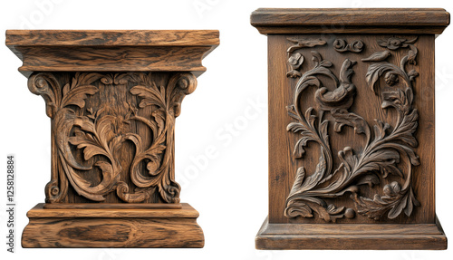 Intricate Wooden Carvings with Floral Designs on Decorative Stands  isolated on transparent background.