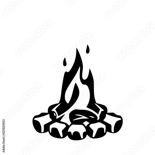 Black and white stylized drawing of a campfire with flames rising upwards.