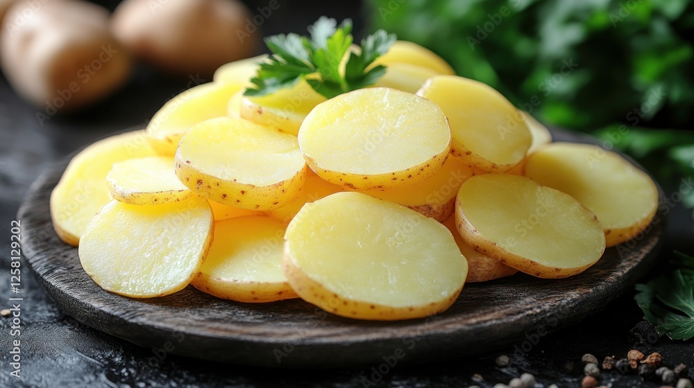 Freshly sliced yellow potatoes arranged on a wooden platter with herbs, set against a rustic kitchen backdrop Freshly sliced yellow potatoes arranged on a wooden platter with herbs, set against a rustic kitchen backdrop