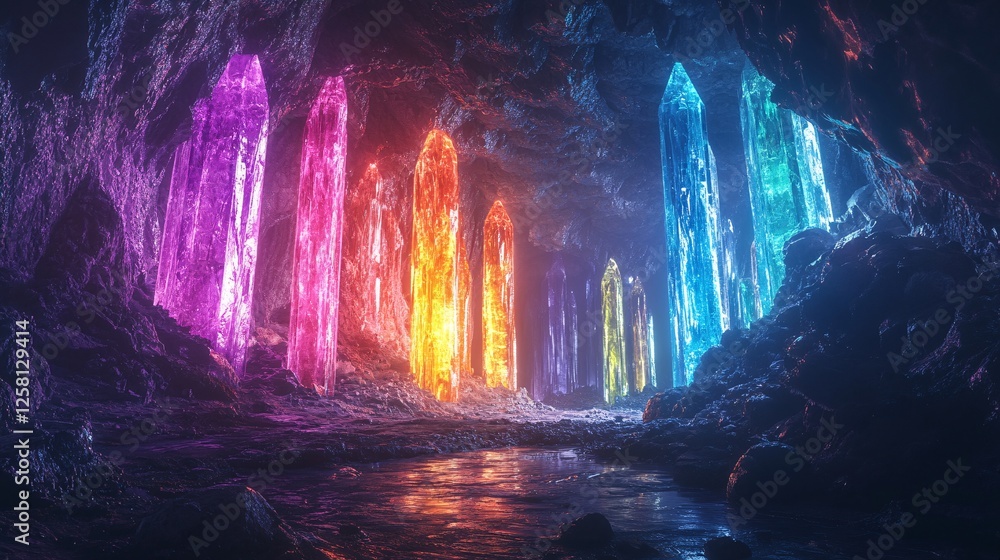 A glowing cavern with walls covered in sparkling rainbow crystals A glowing cavern with walls covered in sparkling rainbow crystals