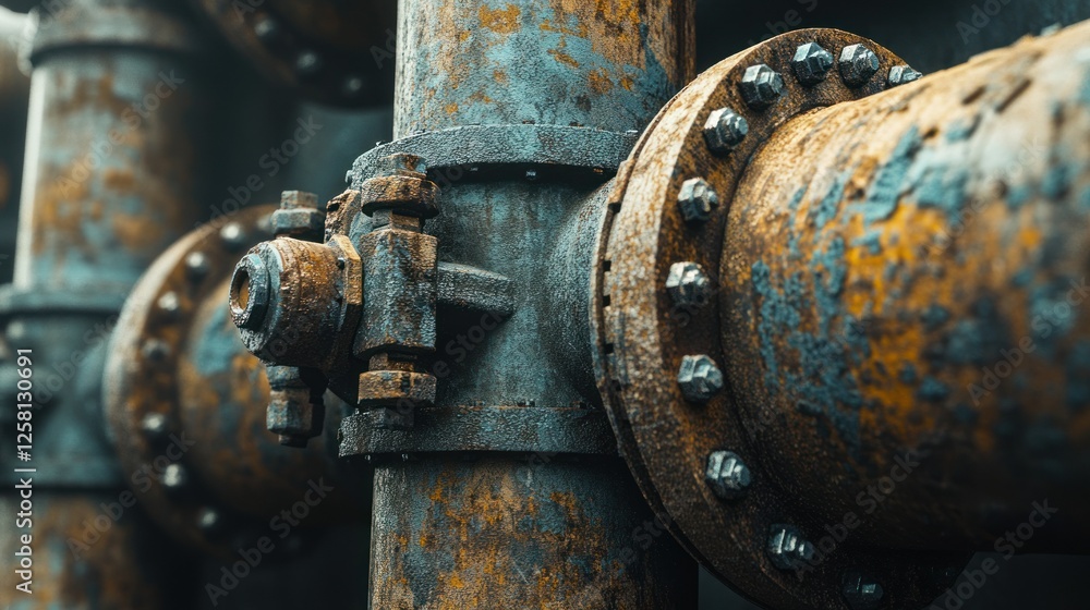 A close-up of an underground pipeline junction, showing large metal pipes connecting with bolts and valves, with visible rust and wear. Ultra-detailed 4K photography. A close-up of an underground pipeline junction, showing large metal pipes connecting with bolts and valves, with visible rust and wear. Ultra-detailed 4K photography.