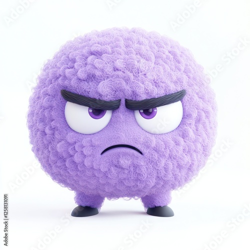 fluffy purple creature, angry expression, round shape, cartoon character, fuzzy texture, white background, big eyes, furrowed brow, minimalist design, cute monster, anthropomorphic, vibrant color, stu