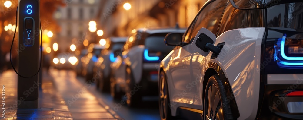 Obraz premium Electric Vehicles Charging at Night in City Street