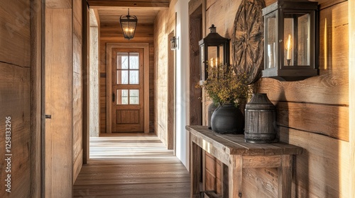Inviting rustic hallway with wood-paneled walls, a wooden console table, and vintage-style lanterns for soft lighting