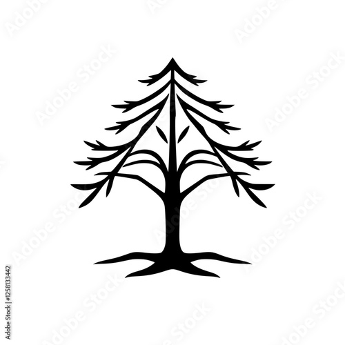 Vectorized depiction of a coniferous tree in silhouette against white background. The trees' branches show in silhouette, with a white background.