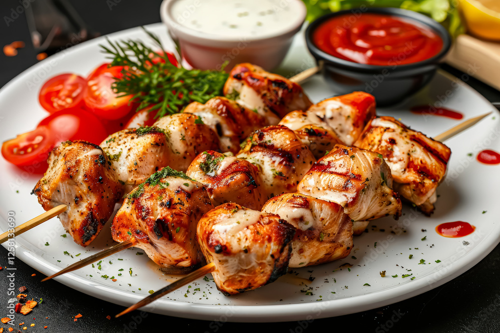 Plate of chicken skewers with a side of vegetables and a dipping sauce. The plate is set on a black table Plate of chicken skewers with a side of vegetables and a dipping sauce. The plate is set on a black table