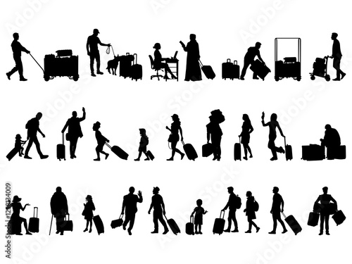 Set of People at Airport Silhouette in various poses isolated on white background