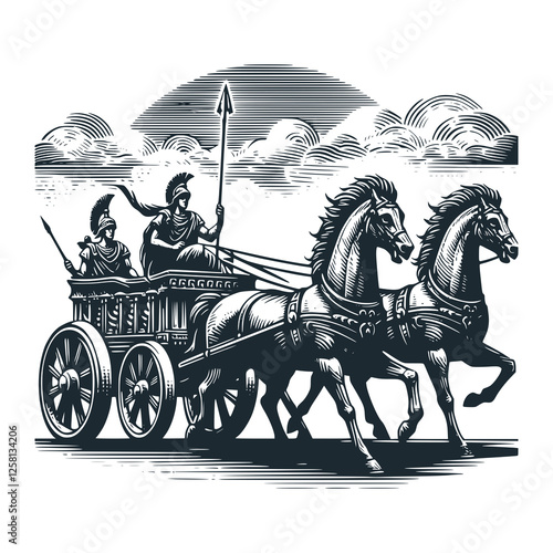 Roman horse-drawn chariot. Black white vector illustration.