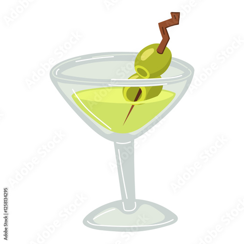 martini glass with olives in color. Olives, strung on a skewer, float in glass with a drink. Alcoholic cocktail drawn in a flat style. An exquisite drink for women. Illustration on a white background