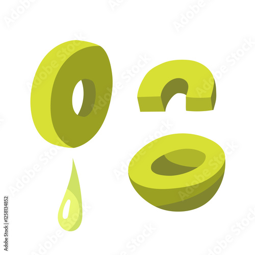 Green olives, pitted, chopped. flat illustration shows a group of olives arranged together. Addition to dishes. Isolated by white. For use on packages of olive oil and products containing olive oil