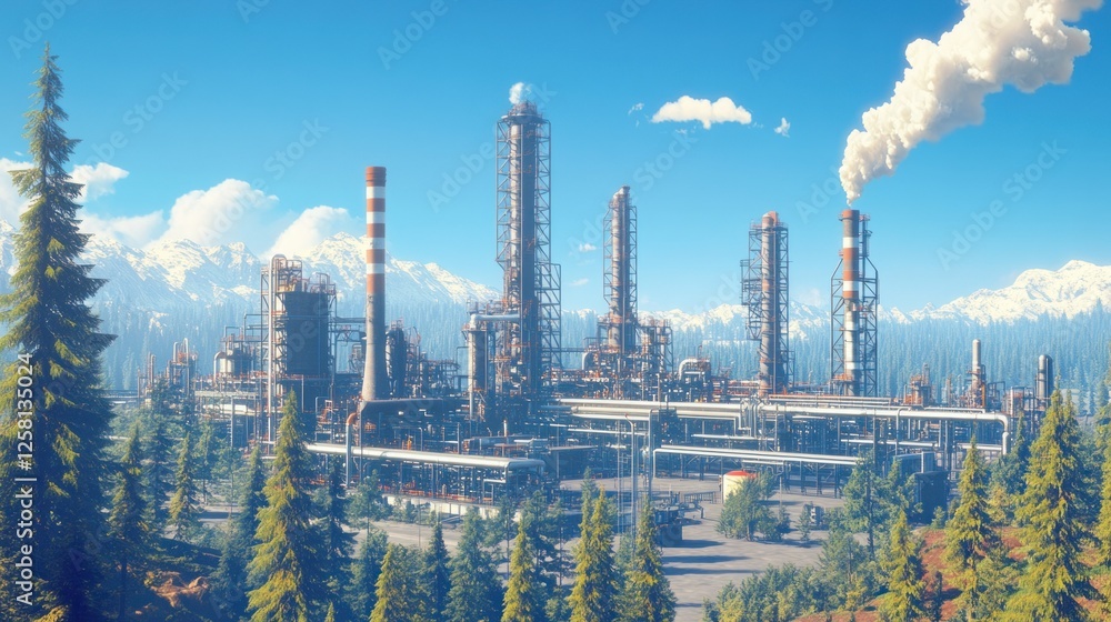 Fototapeta premium A detailed 4K image capturing a vast oil refinery with neatly arranged pipelines, surrounded by trees and a clear blue sky
