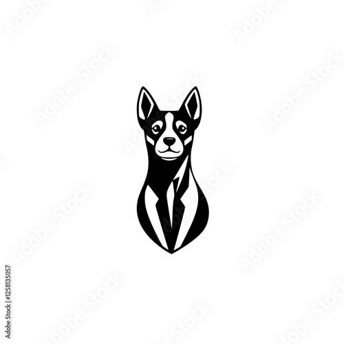 A minimalist silhouette of an elegant dog with a suit and a bright white background.