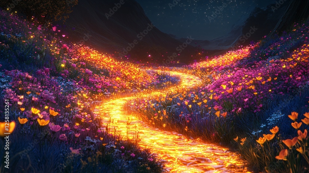 A glowing valley where rivers of molten gold flow through fields of neon-colored flowers A glowing valley where rivers of molten gold flow through fields of neon-colored flowers