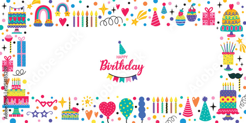 Happy Birthday banner. Greeting card. Party decoration, gift box, cake, party. Hand drawn elements. Vector illustration. 