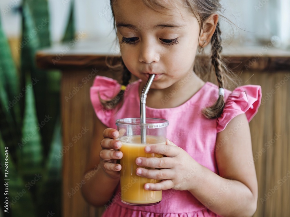 Young girl enjoying a refreshing drink in a cozy indoor setting during a sunny afternoon Young girl enjoying a refreshing drink in a cozy indoor setting during a sunny afternoon