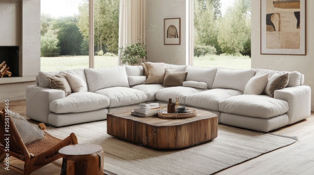 Fototapeta premium Living room setup with a modular sectional sofa, large coffee table, and a comfortable lounge chair for an inviting space
