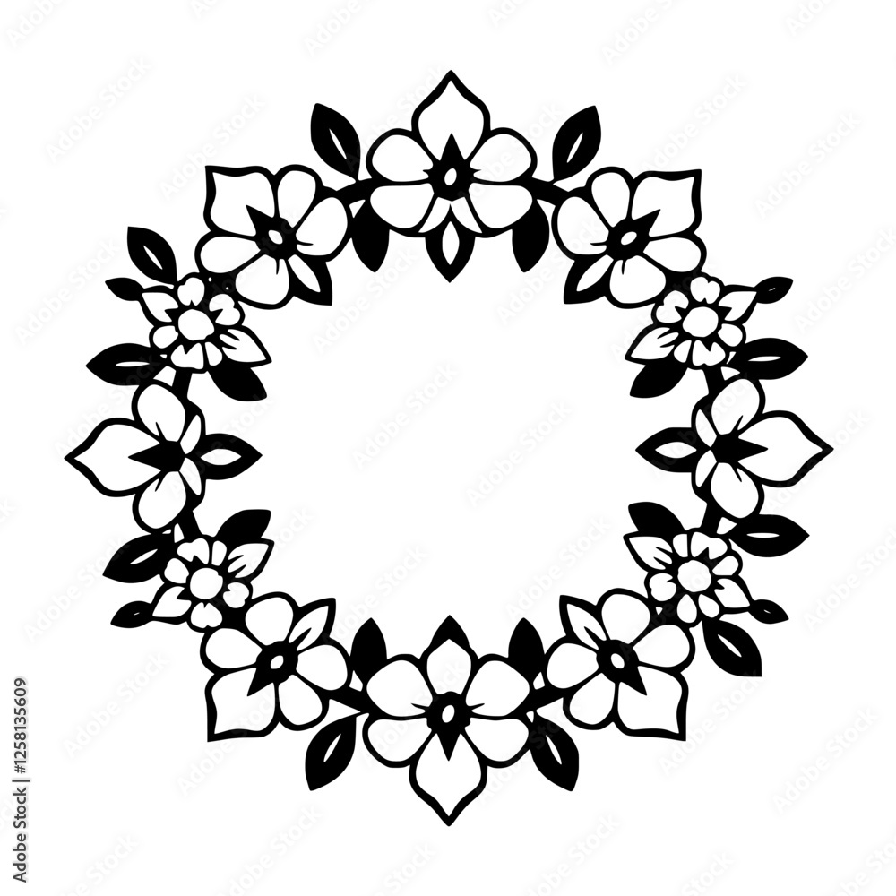 Fototapeta premium Floral wreath design with black and white aesthetic, forming a circular floral arrangement.