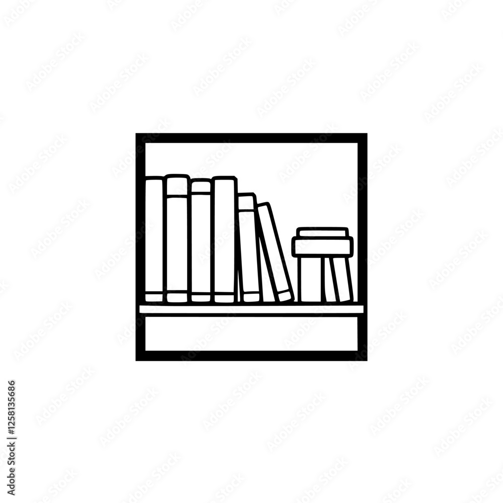 Bookshelf filled with books, and a small table or stool, illustrating a minimalist library theme. Bookshelf filled with books, and a small table or stool, illustrating a minimalist library theme.