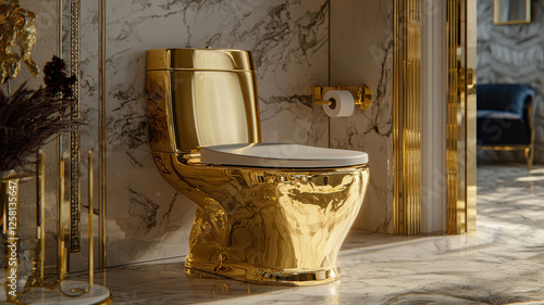Luxurious gold toilet in marble bathroom, showcasing opulence and elegance