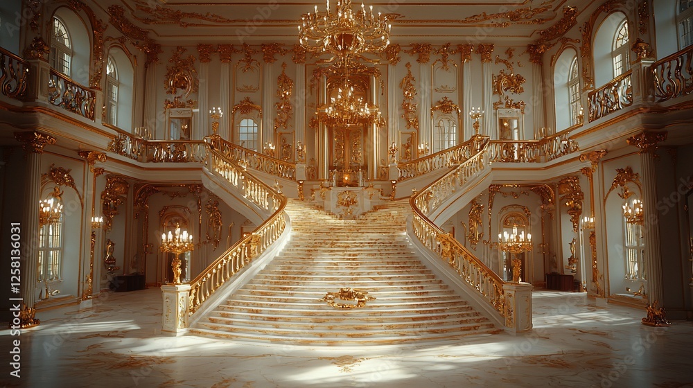 Obraz premium Grand opulent staircase in a luxurious palace, adorned with chandeliers and golden details