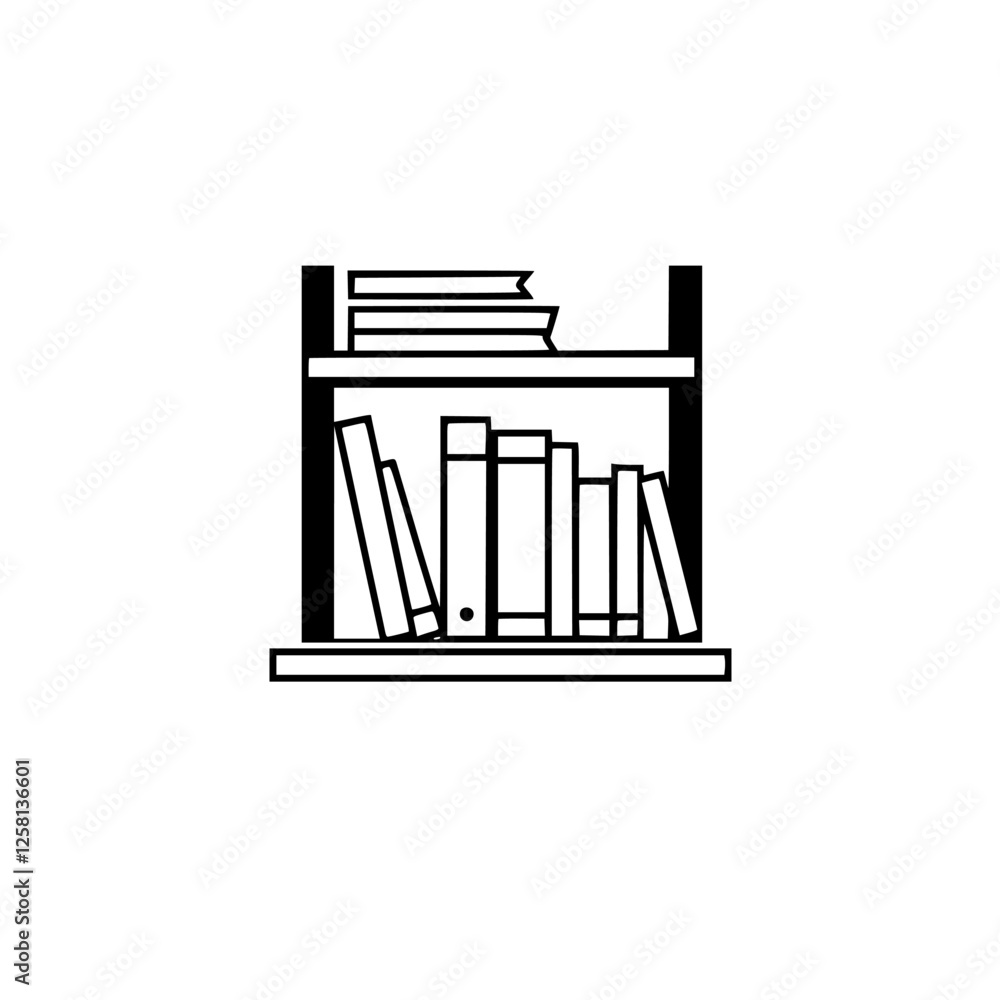 Bookstore shelf with books, black and white illustration. Bookstore shelf with books, black and white illustration.