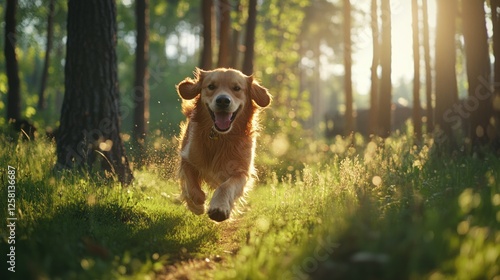 A dynamic 4K action shot of a golden retriever dashing through a sunlit forest clearing, surrounded by tall trees and vibrant green grass.
