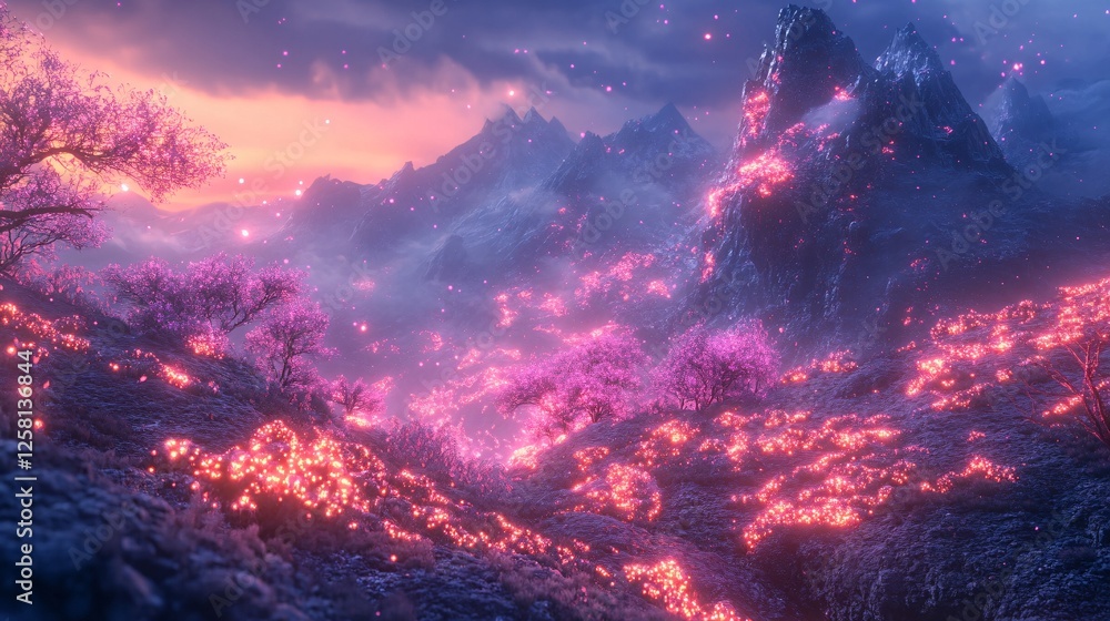Fototapeta premium A mystical mountaintop where glowing vines wrap around vibrant pink and orange rocks