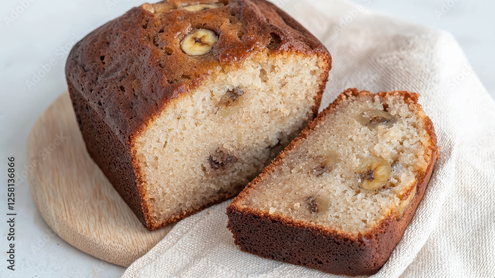 Delicious banana bread loaf with slice cut out, showcasing its moist texture and banana pieces. Perfect for breakfast or snacks Delicious banana bread loaf with slice cut out, showcasing its moist texture and banana pieces. Perfect for breakfast or snacks