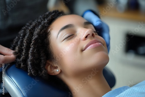 Relaxed woman at dentist, calm face, dental chair, clinic background, healthcare