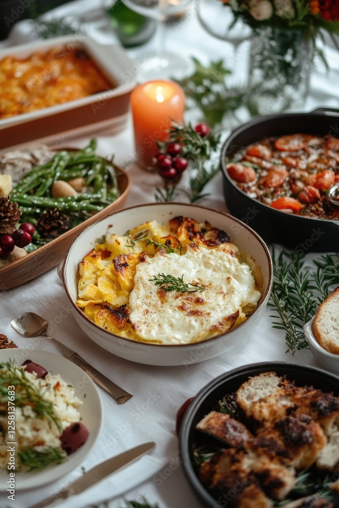 A table filled with an assortment of delicious holiday dishes, featuring soups, salads, breads, desserts and drinks. The setting is elegantly arranged for a festive meal. A table filled with an assortment of delicious holiday dishes, featuring soups, salads, breads, desserts and drinks. The setting is elegantly arranged for a festive meal.