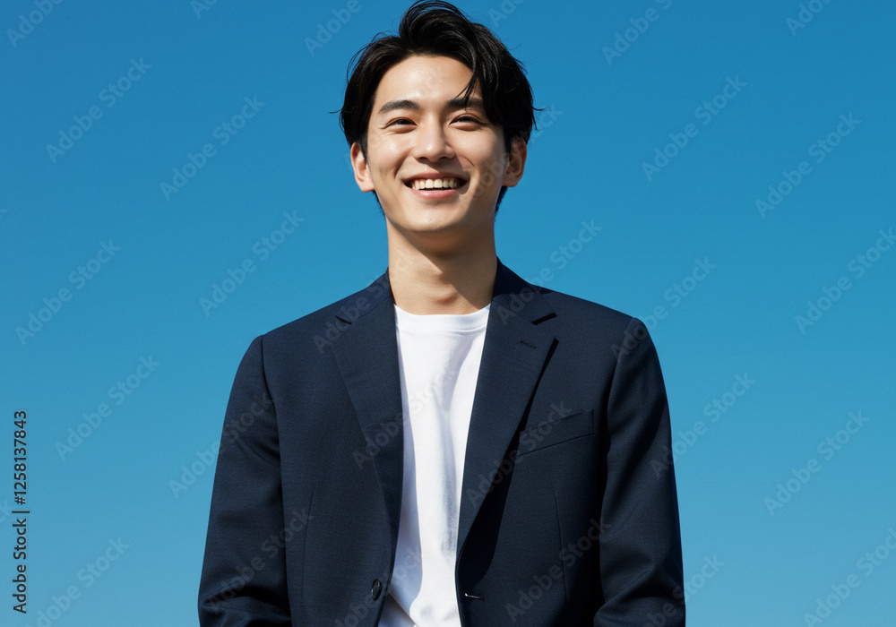 青空と笑顔の日本人男性、ジャケット、ビジネスマン