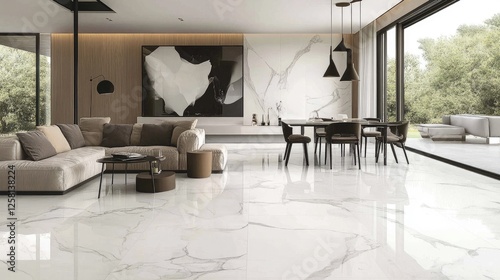 Open-plan living room with a modern aesthetic, featuring marble floors, a neutral sofa, and a spacious dining area