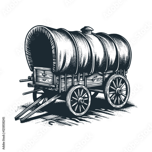Four-wheeled wooden vehicle. Black white vector illustration.