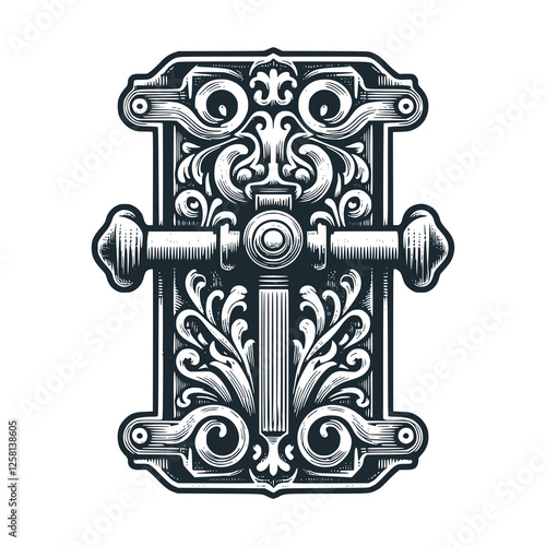 Large door knocker. Black white vector illustration.