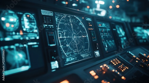 A futuristic naval warship command center, with digital radar interfaces, AI-assisted weapons control, and a high-tech strategic display. High-resolution 4K image.