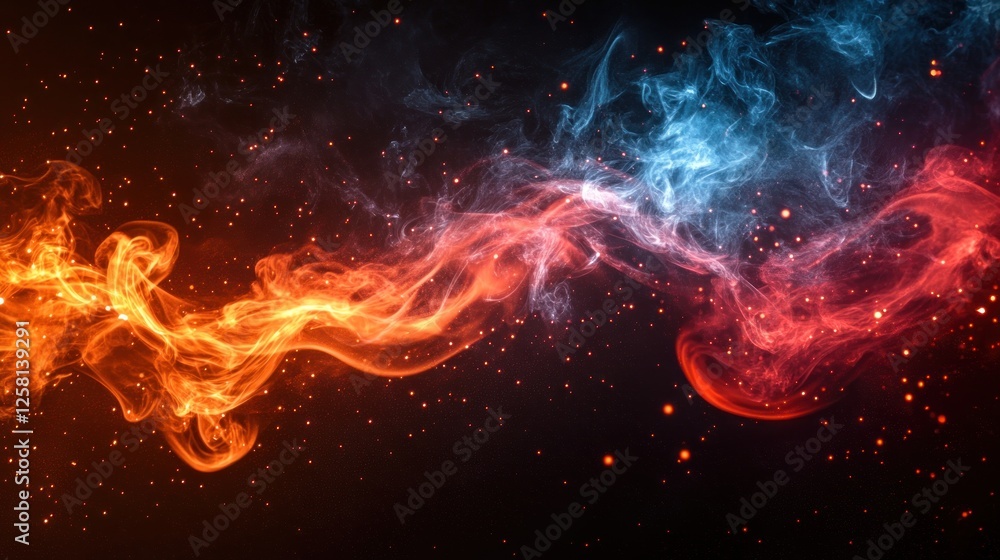 Abstract swirling smoke in vibrant orange and blue colors against a dark background, creating a dynamic visual effect Abstract swirling smoke in vibrant orange and blue colors against a dark background, creating a dynamic visual effect