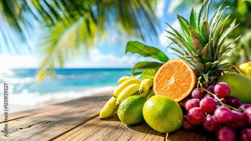 Fresh Tropical Fruits on Wooden Table by the Ocean Shoreline