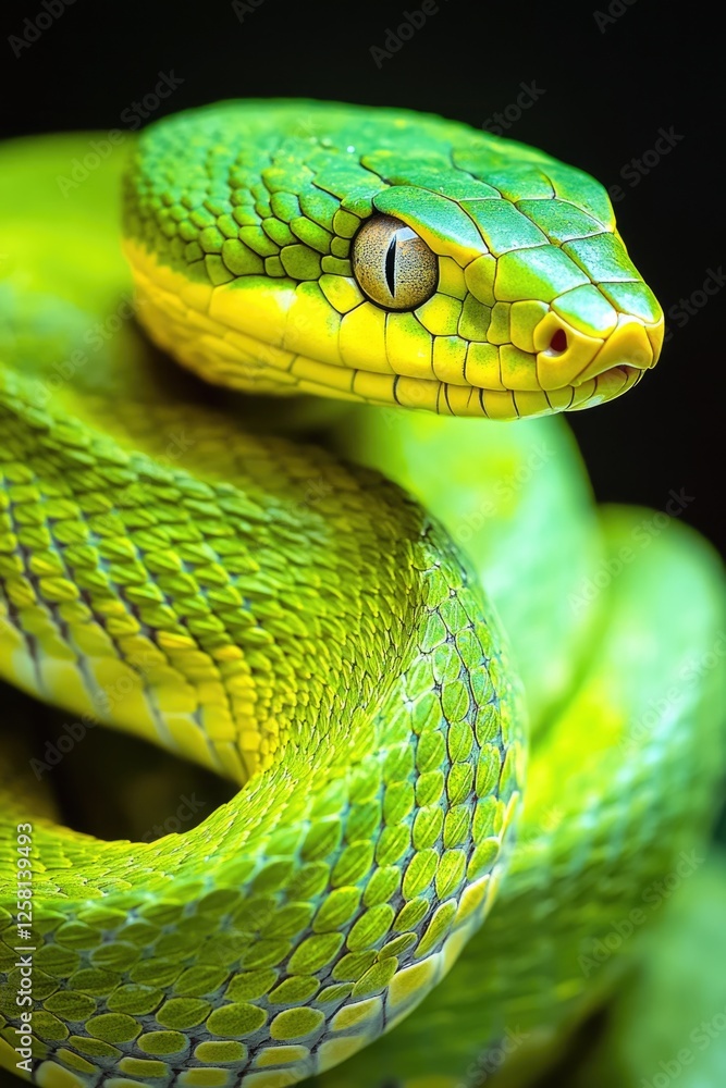 Green and yellow snake with scales visible, close-up image. Green and yellow snake with scales visible, close-up image.