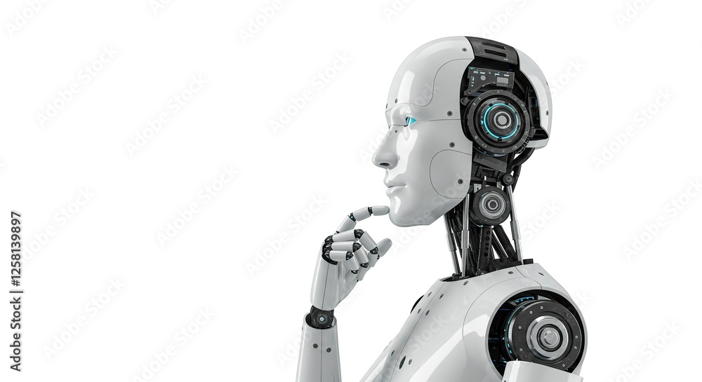 Thoughtful Robot Contemplating Future Ai on Clean White Background Thoughtful Robot Contemplating Future Ai on Clean White Background