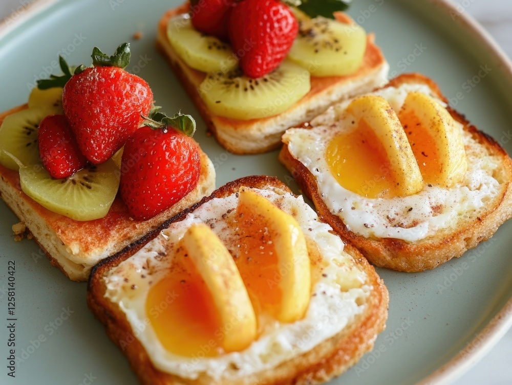 Colorful fruit and egg toasts on a light blue plate. A delicious, healthy breakfast or snack choice. Colorful fruit and egg toasts on a light blue plate. A delicious, healthy breakfast or snack choice.