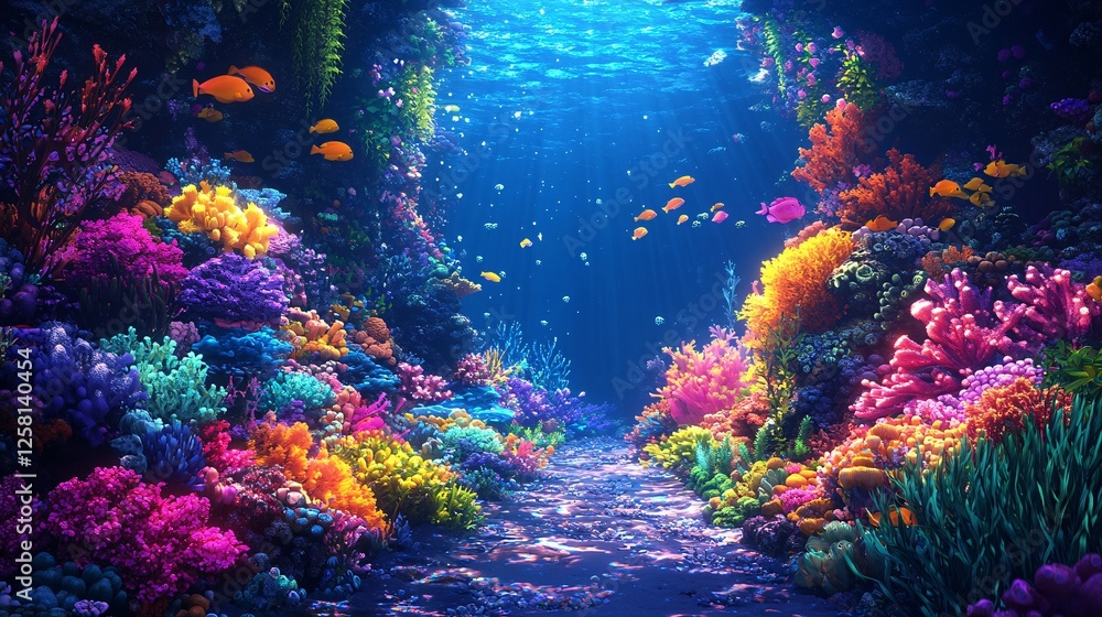 Fototapeta premium A cartoon-style coral reef filled with bright, glowing plants and multicolored sea creatures