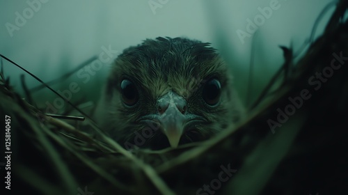 Intense Stare of a Young Bird Nestling Vulnerably Awaiting Care from Nest Amidst Foliage