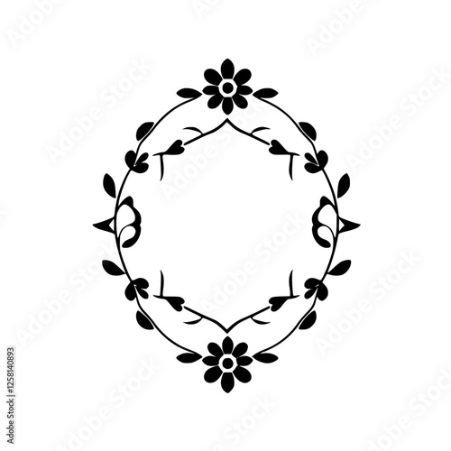 Minimalist design shows a black floral vine wreath shaped as an oval, showcasing dark flowers, leaves, and elegant detail.