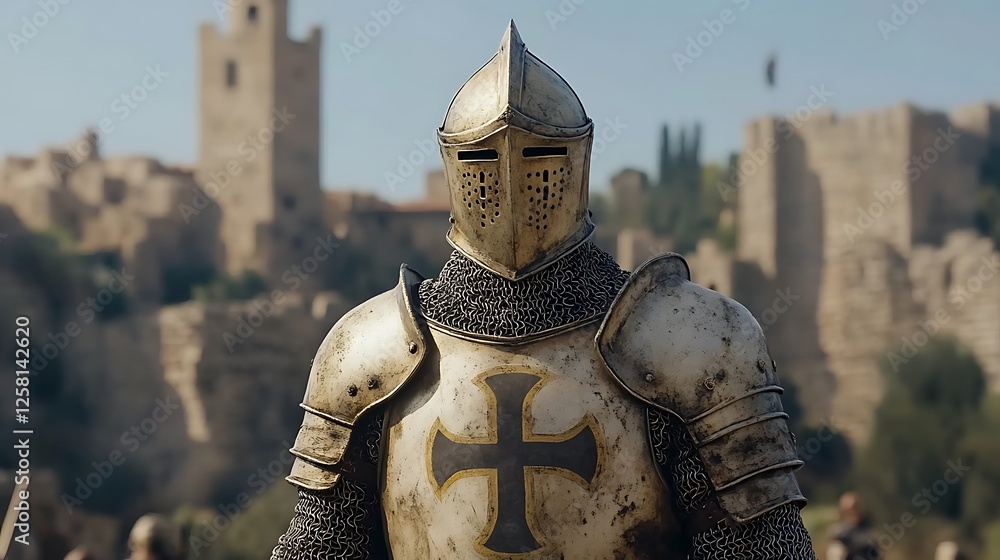 Knight in Shining Armor Standing Guard Amidst Ancient Ruins with Sunlit Sky Backdrop Knight in Shining Armor Standing Guard Amidst Ancient Ruins with Sunlit Sky Backdrop