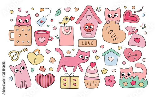 Cute cartoon cats, hand drawn collection for Valentine's Day