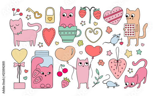 Cute cartoon cats, hand drawn collection for Valentine's Day